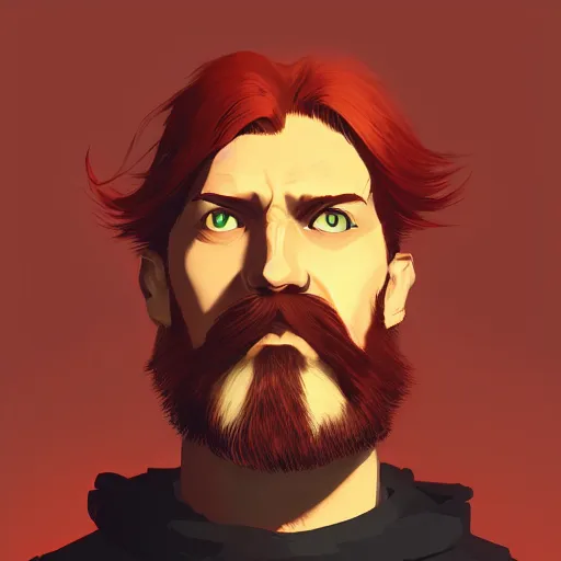 Prompt: redheaded man with beard staring ominously into a camera, grim, raypunk, cryengine, by Ilya Kuvshinov