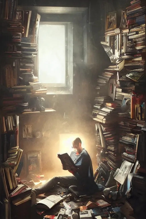 Image similar to a dramatic lighting photo of a guy reading a book in a cluttered messy 9 0 s bedroom, artgerm, tom bagshaw, gerald brom,