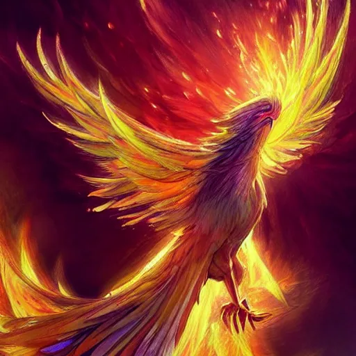 Prompt: cute baby phoenix flying, sparkling, embers, shining phoenix, volumetric light, dramatic light, sharp features, flowing fiery feathers, highly detailed, digital painting, background = library with books strewn about, artstation, concept art, smooth, sharp focus, beautiful feathers, expressive eyes, illustration, phoenix art by Artgerm, greg rutkowski, alphonse mucha