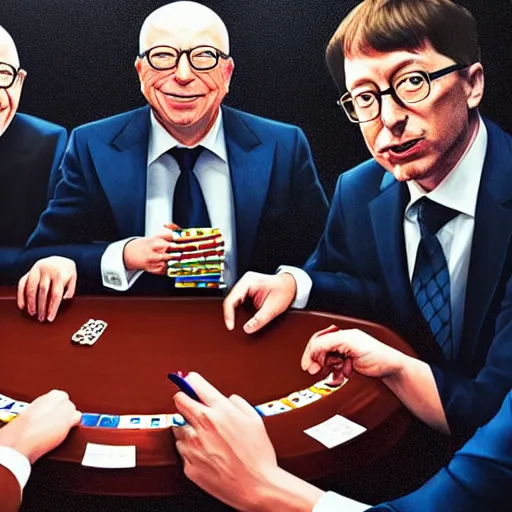 Prompt: UHD photorealistic Elon Musk playing poker with Satoshi Nakamoto, Klaus Schwab, and Bill Gates, trending on Artstation, hyperrealistic, correct details, symmetrical faces, accurate faces,