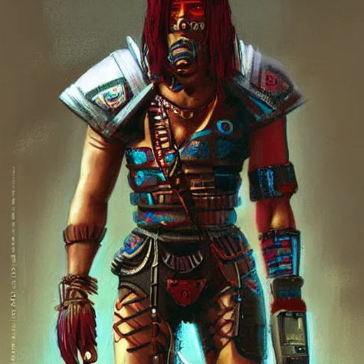 Image similar to aztec cyberpunk warrior with cool armor and tattoos, cyberpunk 2 0 7 7 and beksinski style painting