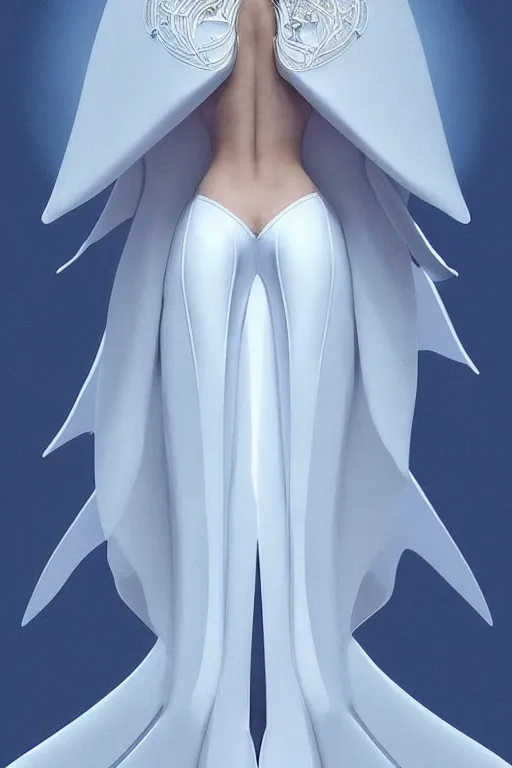 Image similar to detailed beautiful noun in opened white blue gold coat, seductive confident pose, attractive feminine curves, intricate details, futuristic, elegant cape, elegant, photorealism, trending on artstation, holy halo, advanced technology, art by moebius and vitaly bulgarov and chanthara