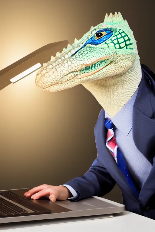 Prompt: anthropomorphic alligator that looks like a human, wearing business attire, sitting at a desk with a laptop, realistic, colored studio lighting, professional photography, nikon 5 0 mm f / 1. 8 g, canon