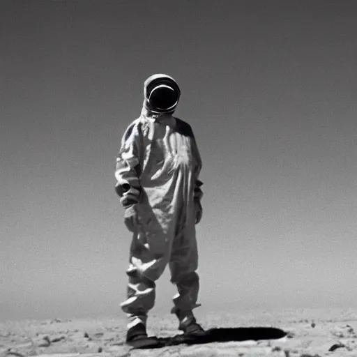 Image similar to a man wearing a hazmat suit and gasmask in desert, arriflex 35, film still, cinematic composition