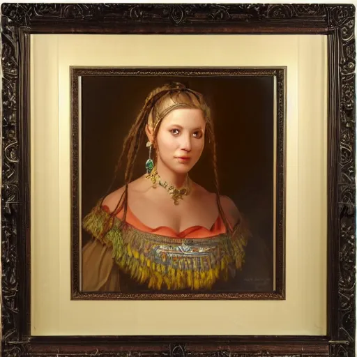 Image similar to portrait of a frysian woman ( 3 5 ) from friesland in 2 0 2 1, an oil painting by ross tran and thomas kincade