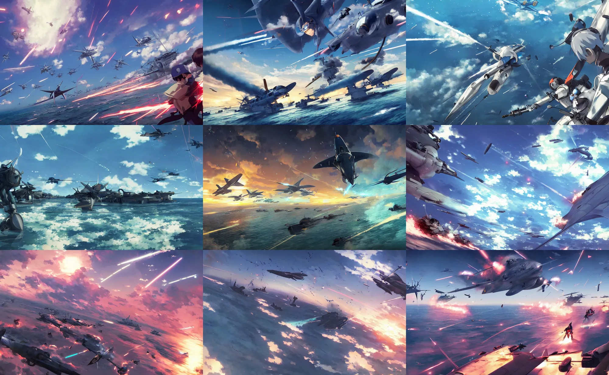 Prompt: Battle of Midway by Makoto Shinkai, cyborgs