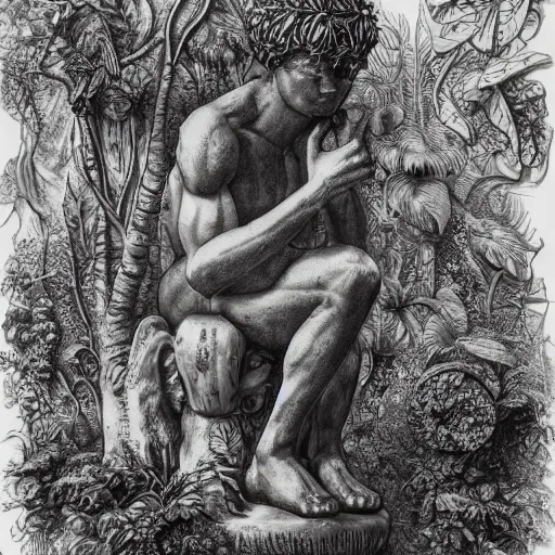 Image similar to botanical sketch of The thinker sculpture with a mechanical/cybernetic head, mushrooms and peyote at the base, surrounded by a lush jungle and vines, high detail, b&w,