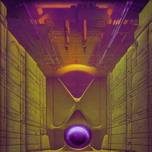 Prompt: painting of a syd mead scifi ancient civilzation interior engine room, purple sun, beksinski
