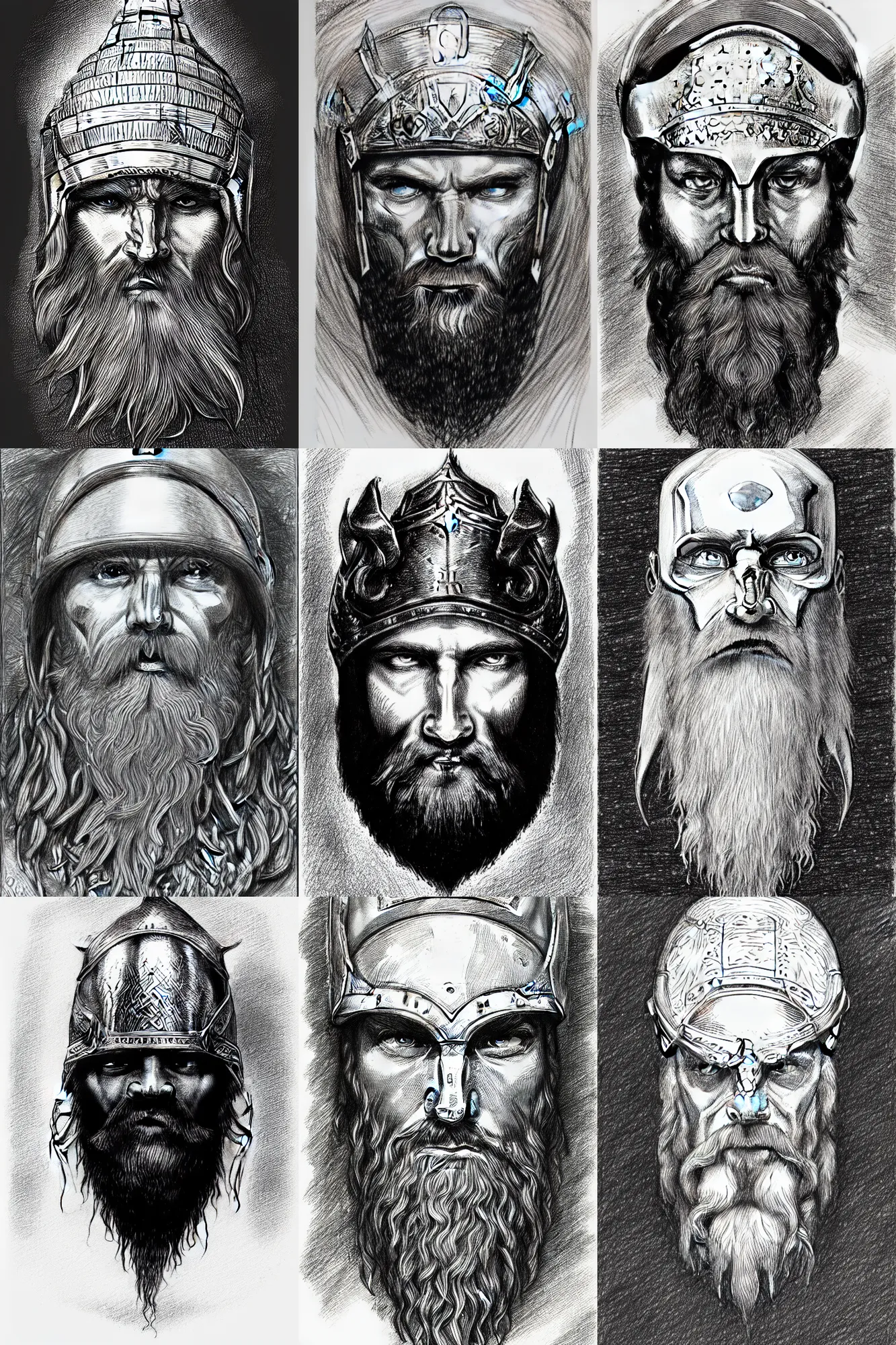 Prompt: detailed inktober drawing a head of a beared viking wearing helmet, white background, front face symmetrical, trending on artstation by gustave dore