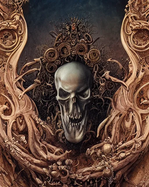 Image similar to a beautiful detailed front view of a dead rotten skull with ornate growing around, ornamentation made of baroque architecture, elegant, beautifully soft lit, by wayne barlowe, peter mohrbacher, kelly mckernan