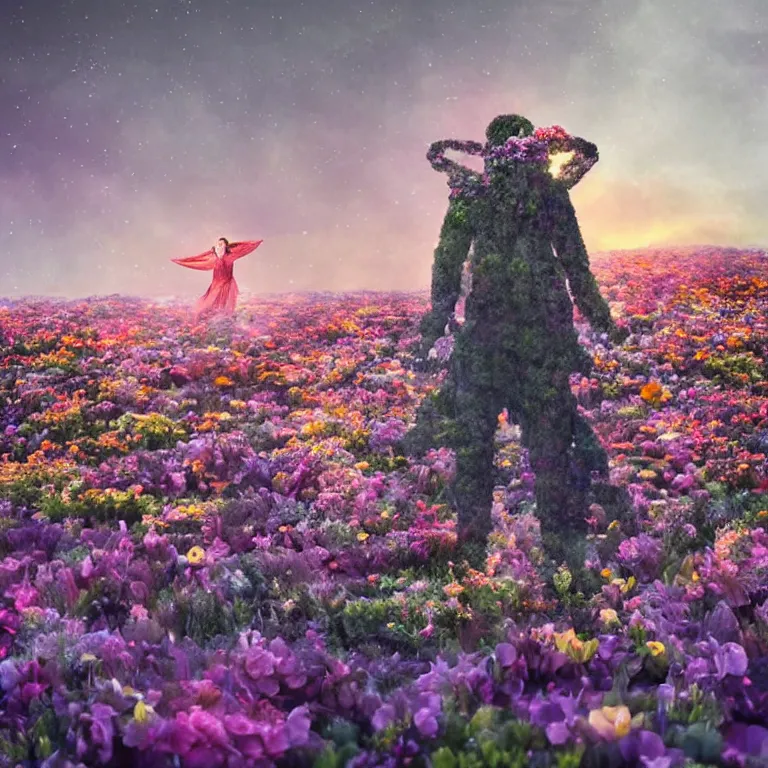 Image similar to a planet of various flowers, fungus and plants, in which the singular human figure is dressed in something magical and impressive, inside the picture is infinity, sunset light, Atmospheric phenomenon, artistic photography, muted colors, conceptual, long exposure outside the city, volumetric light