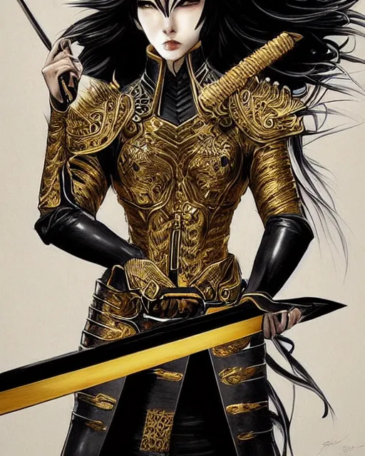 Image of an anime character in a black and gold outfit with a katana