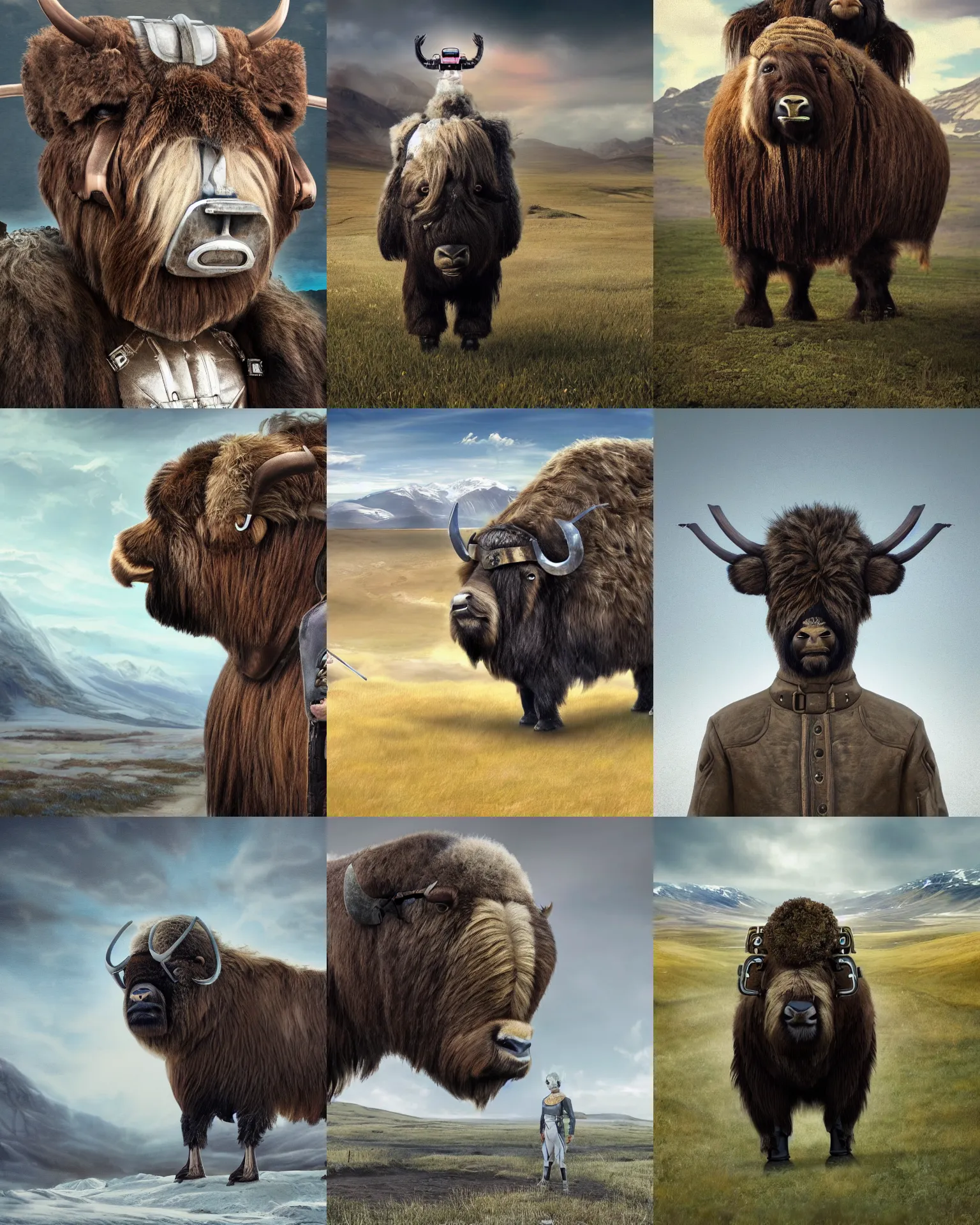 Prompt: highly detailed portrait photo of an anthropomorphic cyborg mutant with the head of a musk ox, wearing breeches and is wandering through a scenic dystopian steppe, hyperrealistic Illustration