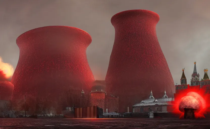 Image similar to ultra realistic wide shot of a big nuclear explosion with realistic nuclear mushroom in Red Square Kremlin, dark atmosphere, extremely high detail, photo realistic, cinematic lighting, post processed, artstation, matte painting, unreal engine 5, 8k