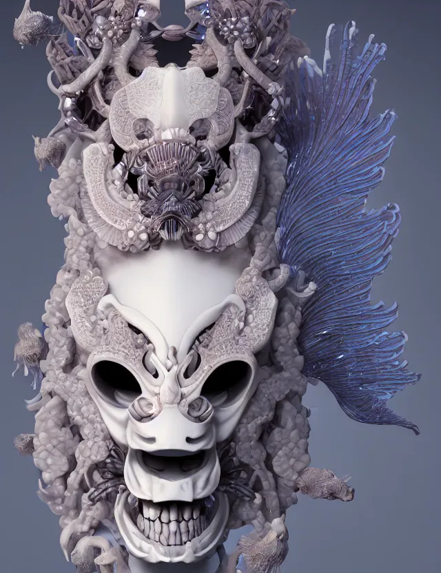 Image similar to 3 d goddess close - up frontal portrait with cow skull. beautiful intricately detailed japanese crow kitsune mask and clasical japanese kimono. betta fish, jellyfish phoenix, bio luminescent, translucent, plasma, ice, water, wind, creature, artwork by tooth wu and wlop and beeple and greg rutkowski. vray. behance. 8 k