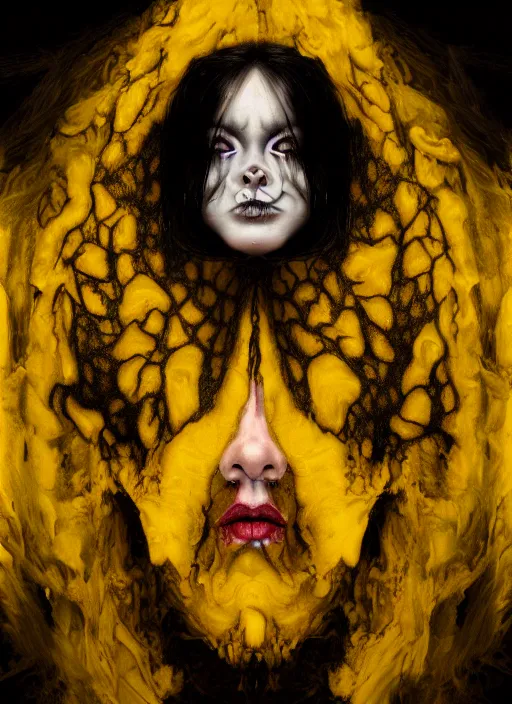 Prompt: dramatic yellow matte portrait painting of woman with black mandelbrot fractal instead of face, horror, body horror, dark art, 4 k, detailed, realistic, psychotic, insane, crazy, mental illness, dramatic,