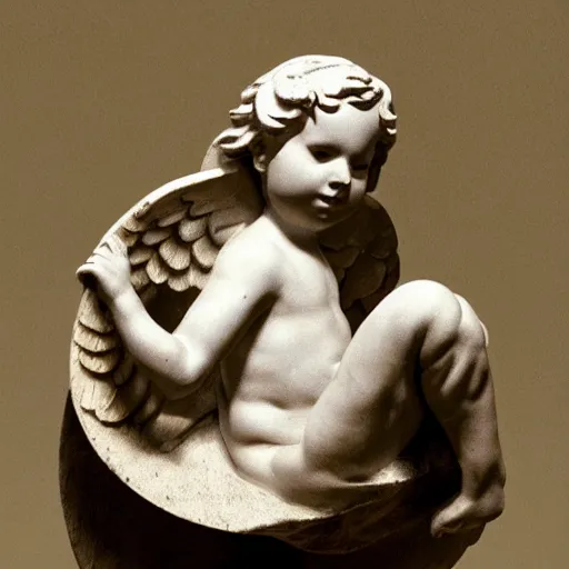 Prompt: an angel holds a moon, sculpture.