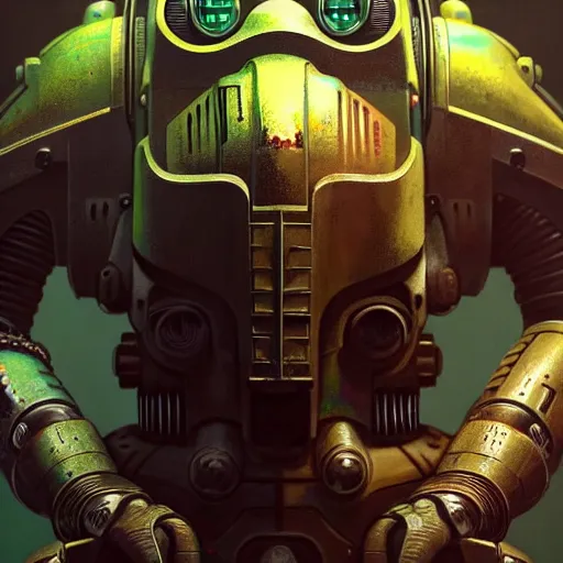 Image similar to perfectly - centered!! looking at the camera!!! low - angle!! portrait of fallout brotherhood in power armor intricate abstract upper body intricate artwork, by tooth wu, wlop, beeple, dan mumford. concept art, octane render, deviantart, greg rutkowski, cinematic arthouse, key art, hyper realism, iridescent accents