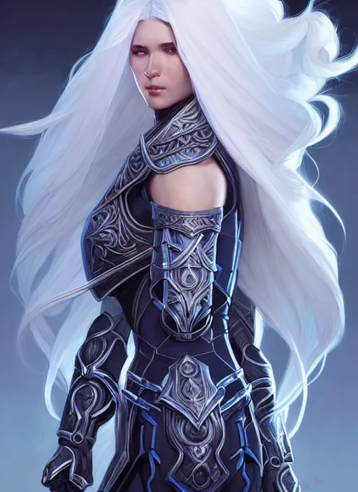 Image similar to light azure armor!!! long wild white hair!! covered chest!!! fantasy, d & d, intricate ornate details, digital painting, pretty face!!, symmetry, concept art, sharp focus, illustration, art by artgerm! greg rutkowski magali villeneuve wlop! ilya kuvshinov!!, octane render