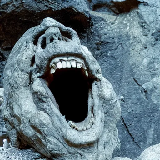 Image similar to photo inside a cavern of a wet reptilian humanoid rapper putin partially hidden behind a rock, with black eyes, open mouth and big teeth