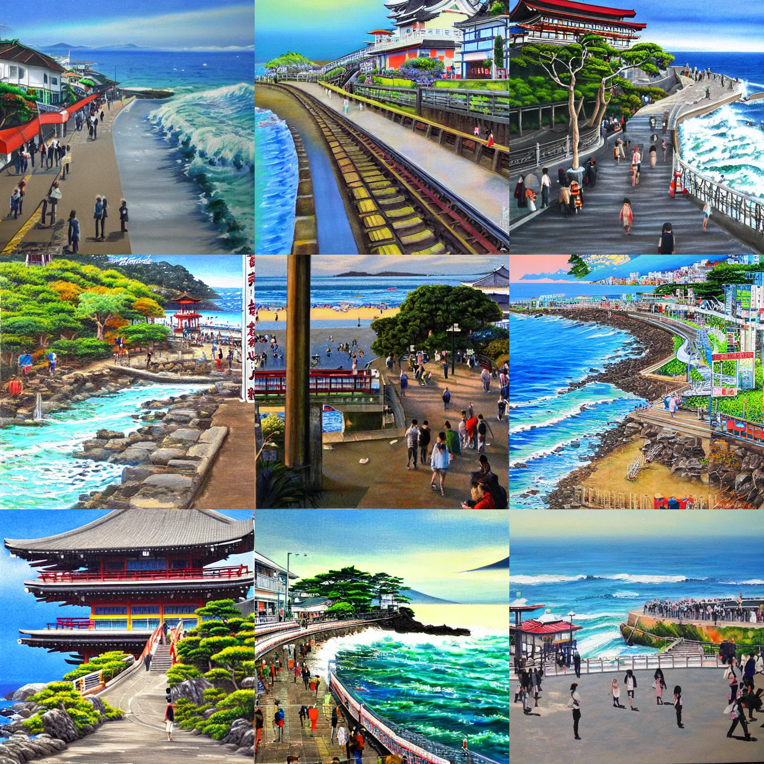 Prompt: A landscape of Photorealistic painting, Japan Shonan Enoshima, highly detailed, train cross