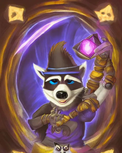 Prompt: 3 5 mm portrait of furry necromancer sly cooper raccoon holding a magical glowing gemstone in a crystal cave, d & d, magic the gathering, disney, pixar,