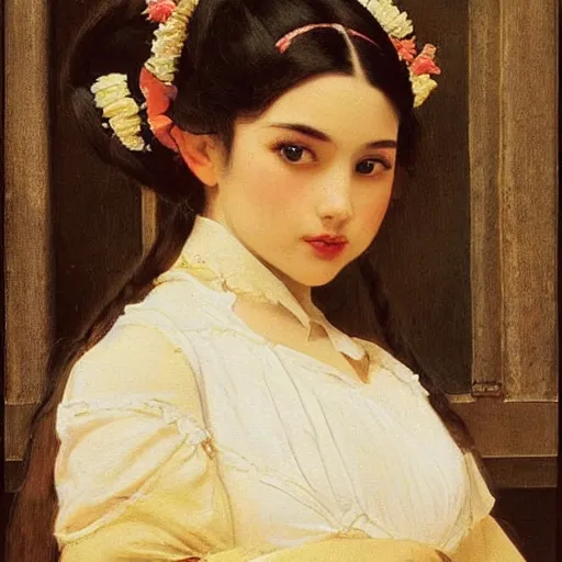 Image similar to maid!!! cosplay, symmetric beautiful face, orientalism portrait of a cute young woman with twin tails by Edwin Longsden Long and Theodore Ralli and Nasreddine Dinet and Adam Styk masterful intricate artwork