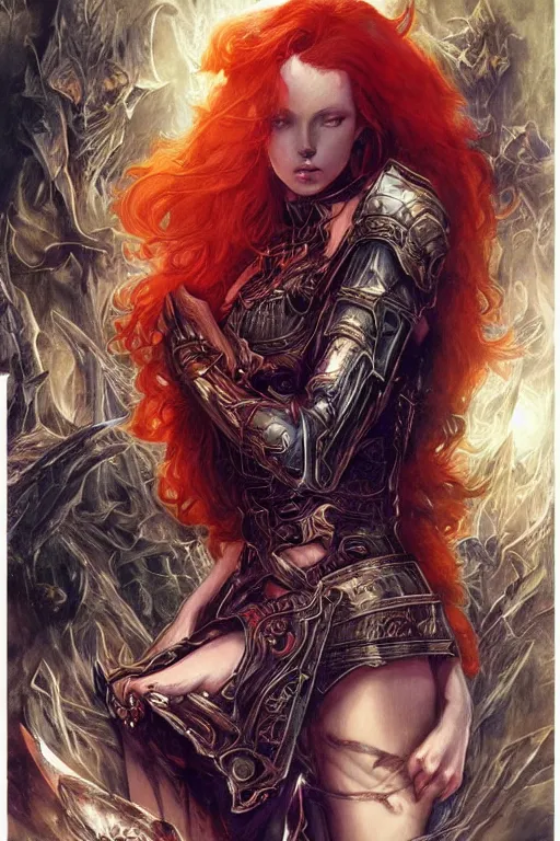 Prompt: young redhead Spellcaster on their knees worshiping spell book, S&D dark fantasy style, sharp focus, ultra detailed, art by Artgerm and Peter Andrew Jones, Karol Bak, Ayami Kojima, Amano and Olivier Ledroit