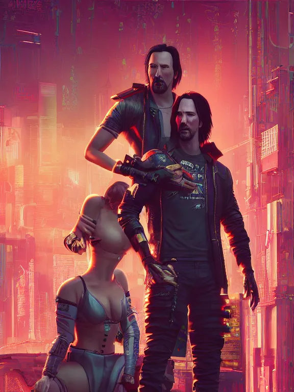 Image similar to a cyberpunk 2077 couple portrait of Keanu Reeves and V,love story,film lighting,by laurie greasley,Lawrence Alma-Tadema,William Morris,Dan Mumford,trending on atrstation,full of color,Digital painting,face enhance,highly detailed,8K, octane,golden ratio,cinematic lighting