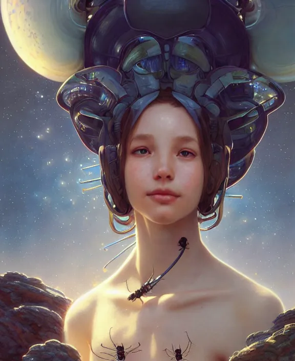 Image similar to portrait of a alien insect, adorable, childlike, milky way environment, ultra realistic, concept art, intricate details, cheerful, highly detailed, photorealistic, octane render, 8 k, unreal engine. art by christopher marley and artgerm and greg rutkowski and alphonse mucha