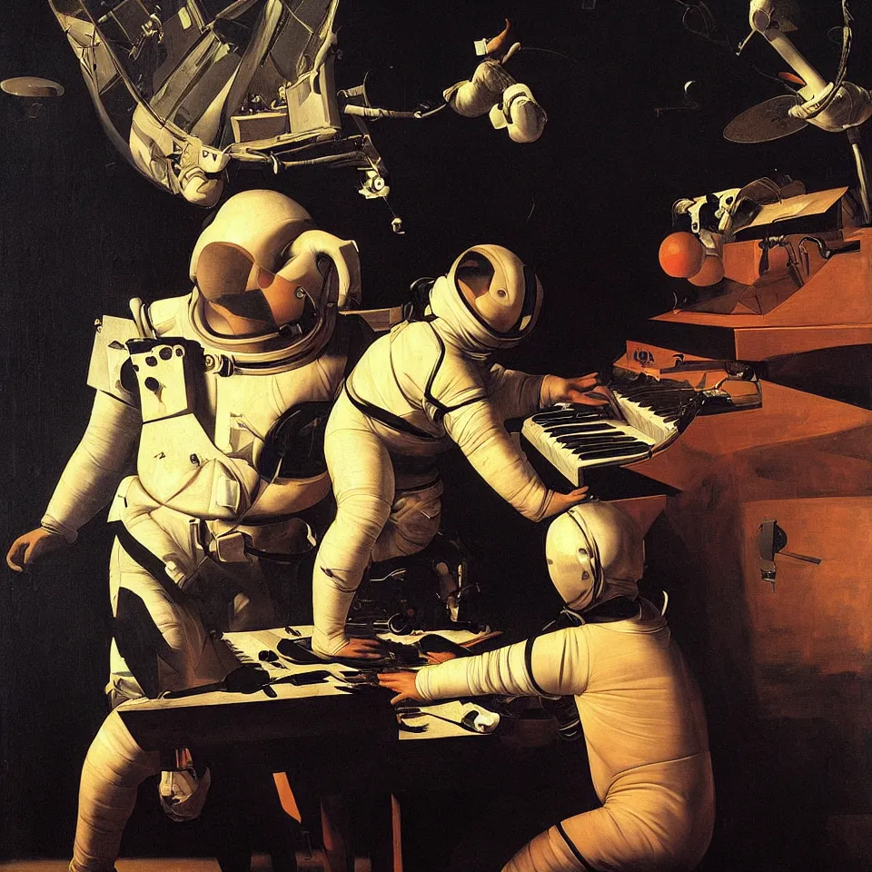 Prompt: an astronaut playing a keyboard by caravaggio, dynamic lighting, cinematic, epic composition, masterpiece