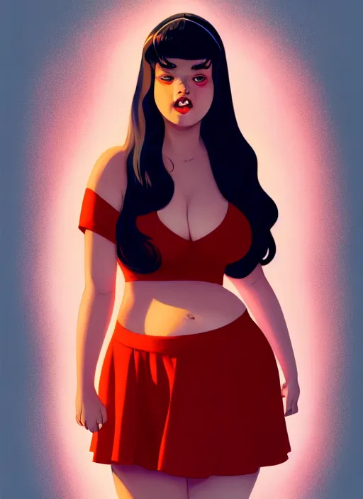 Image similar to full body portrait of teenage veronica lodge, obese, bangs, sultry, realistic, sultry smirk, wavy hair, red skirt, fat, belly, intricate, elegant, glowing lights, highly detailed, digital painting, artstation, concept art, smooth, sharp focus, illustration, art by wlop, mars ravelo and greg rutkowski