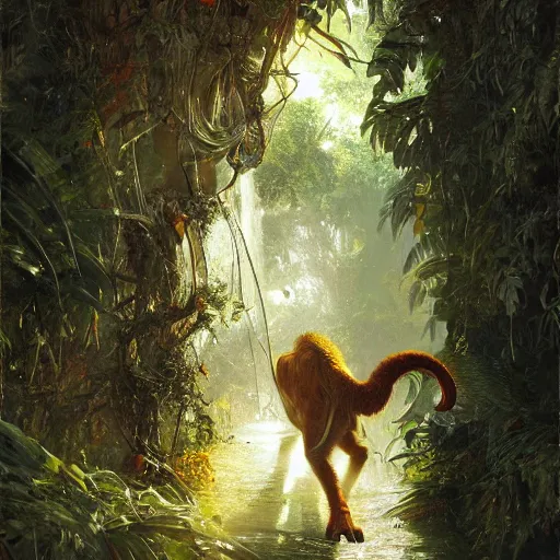 Prompt: animals of the jungle coming out of a doorway, painting by Greg Rutkowski, foliage, dramatic lighting, sharp focus