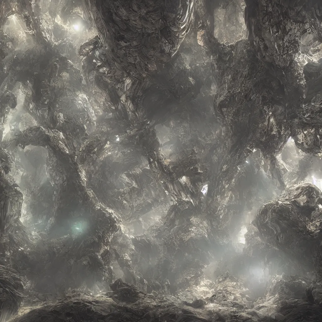 Image similar to concept art by craig mullins alien monster. mandelbulb fractal. reflection and dispersion materials. rays and dispersion of light. volumetric light. 5 0 mm, f / 3 2. noise film photo. flash photography. unreal engine 4, octane render. movie art