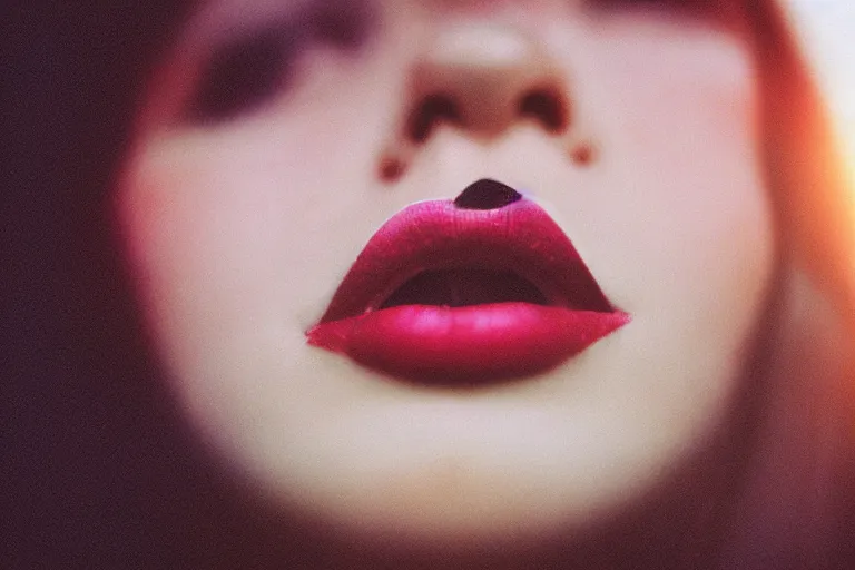 Image similar to film photography, gonzo, close-up of а woman\'s mouth with smeared lipstick , golden hour, 35mm, motion blur