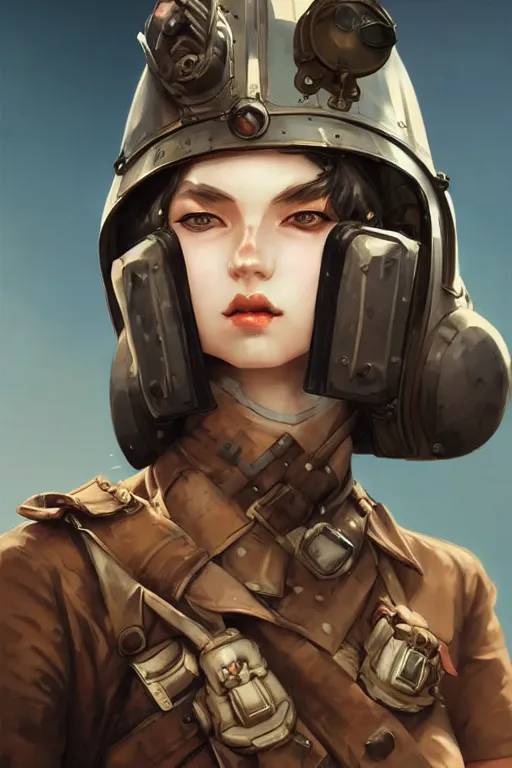 Image similar to dieselpunk soldier girl, helmet, shoulders, chest, portrait, desert, armored, highly detailed, sharp focus, art, illustrations by wlop and ayanamikodon and irakli nadar and loish and rossdraws