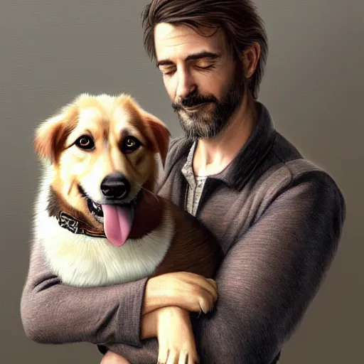 Image similar to portrait of a young, ruggedly handsome man holding a corgi dog, soft hair, muscular, half body, cloth, hairy, d & d, fantasy, intricate, elegant, highly detailed, digital painting, artstation, concept art, smooth, sharp focus, illustration, art by artgerm and greg rutkowski and alphonse mucha