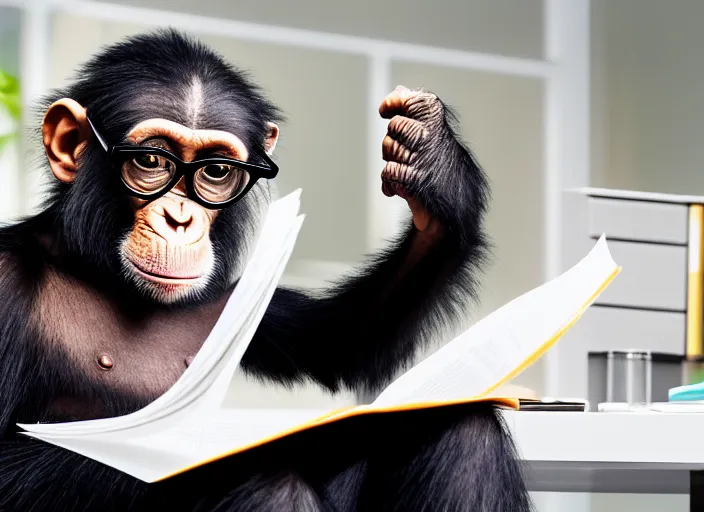 Prompt: photo of a real chimpanzee in a suit and glasses, reading a document at a desk in an office. Highly detailed 8k. Intricate. Sony a7r iv 55mm. Award winning.