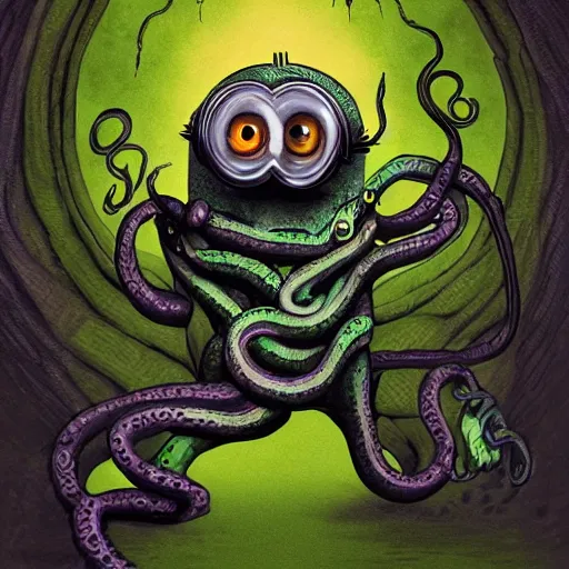 Image similar to Minion as Lovecraft's monster, tentacles, evil, dark colours, high resolution, 50 mm, extremely realistic