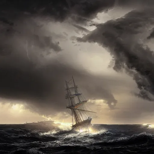 Prompt: a majestic ship sinking in a raging storm, dark mood, amazing lighting, highly detailed