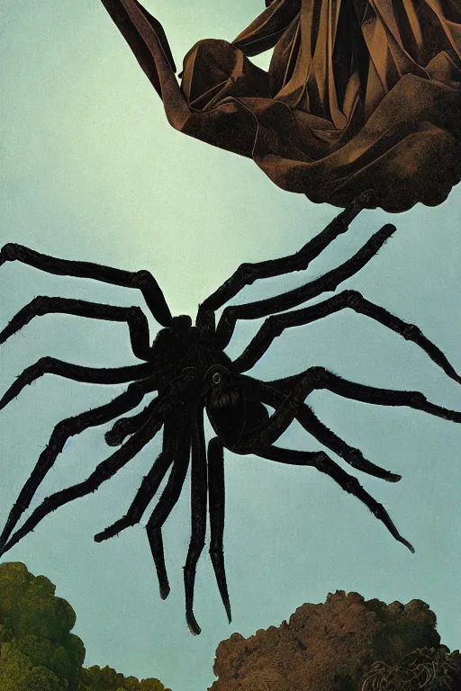 Image similar to portrait of a giant spider, digital painting by maxfield parrish and caravaggio, photorealistic