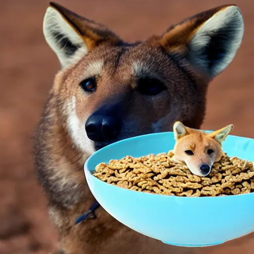 Prompt: a dingo with a bowl of cereal