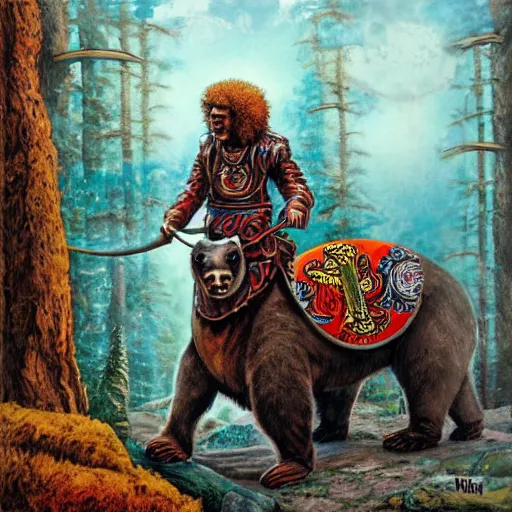 Prompt: jimi hendrix as a viking riding a mechanical robot bear through the russian forest by keith thompson