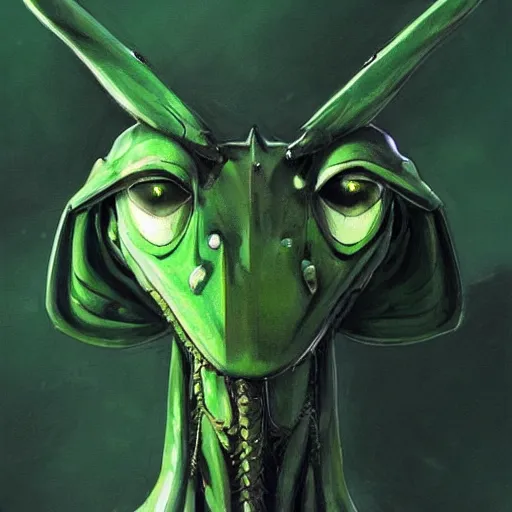 Prompt: portrait of green anthropomorphic mantis religiosa ; hard predatory look ; d & d rogue ; invisibility cloak ; flat triangle - shaped head with thin thread - like antennae ; concept art ; artstation ; 8 k ; wallpapers ; heavy contrast ; cinematic art ; cgsociety ; art by greg rutkowski and artgerm
