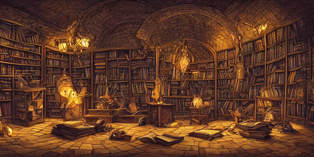 Prompt: wizard rats in wizard clothing, vast library, bookshelves, wooden banks, wooden tables, mosaic stone floor, passages, cel shading, 3 d art, 3 d cg, digital art, celestial, majestic, mystical, cinematic light, candles, chandelier, lanterns, soft light