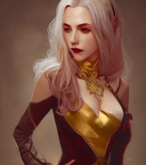 Image similar to a girl vampire wearing a golden dress, grey hair, red necktie, cinematic, stunning, highly detailed, digital painting, artstation, smooth, hard focus, full body shot, illustration, art by artgerm and greg rutkowski and alphonse mucha