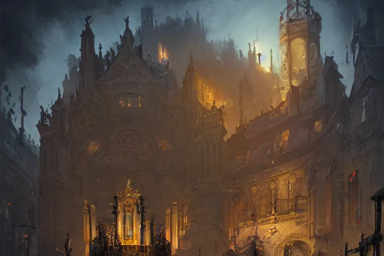 Image similar to illustration of close - up street view of pipe organ, night, ghostly figures, by peter mohrbacher, by alex andreev, by jacek yerka, by alan lee, large depth of field, super detailed, digital art, trending on artstation