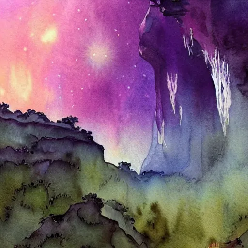 Image similar to beautiful lush natural scene on another planets majestic cliffs, with interesting creatures. different than earth but beautiful. lightfall. beautiful detailed artistic watercolor. trending on artstation and deviantart.