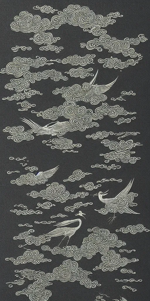 Image similar to black paper, an intricate old fashioned depiction of chinese crane, chinese auspicious cloud pattern surrounds it, symmetre, elaborate ink illustration by wu daozi, qiu ying