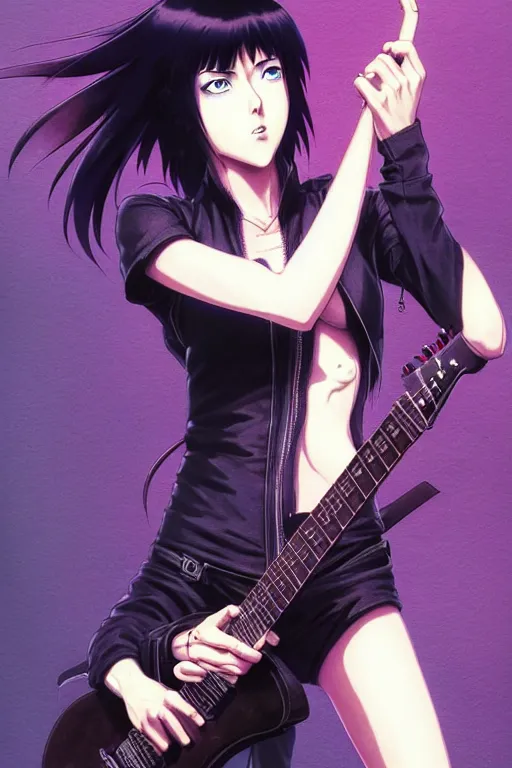 Image similar to wide view of a dark haired rock chick with guitar. Sharp fine face playing guitar, pretty face, realistic shaded Perfect face, fine details. Anime. by makoto sinkai, katsuhiro otomo ghost in the shell movie scene, magali villeneuve, artgerm, rutkowski